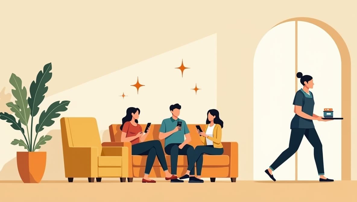 Illustratie van tevreden hotelgasten die een digitale conciërge app gebruiken