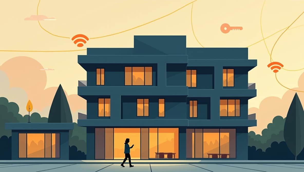 Illustratie die de toekomst van hoteltechnologie weergeeft met slimme apparaten en AI-interfaces