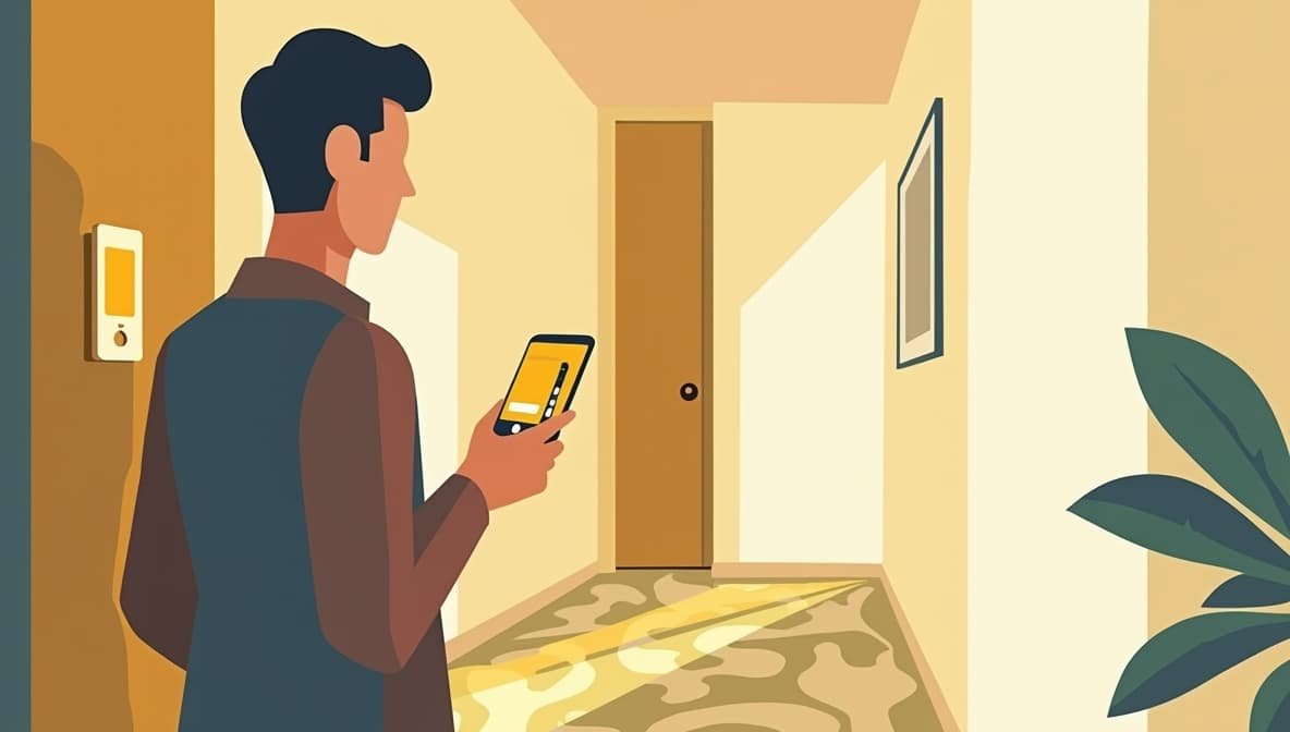 Hotelgast die een zelfbedieningshotelapp op smartphone gebruikt