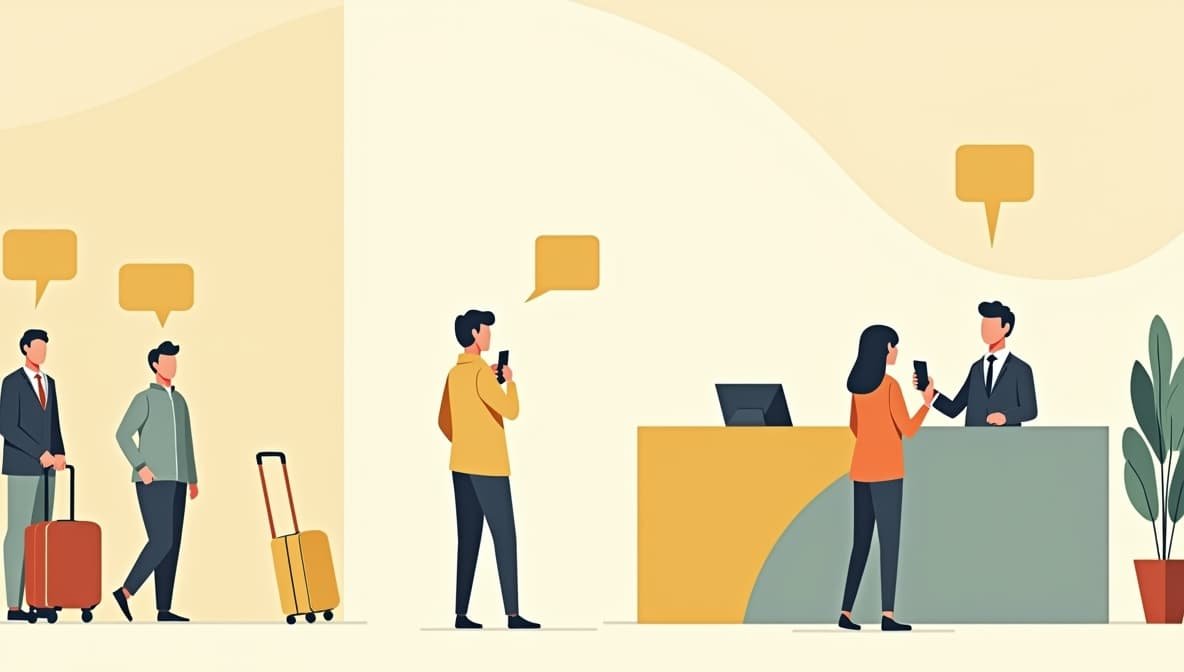 Huéspedes en el lobby usando una app de concierge de plataforma de comunicación.