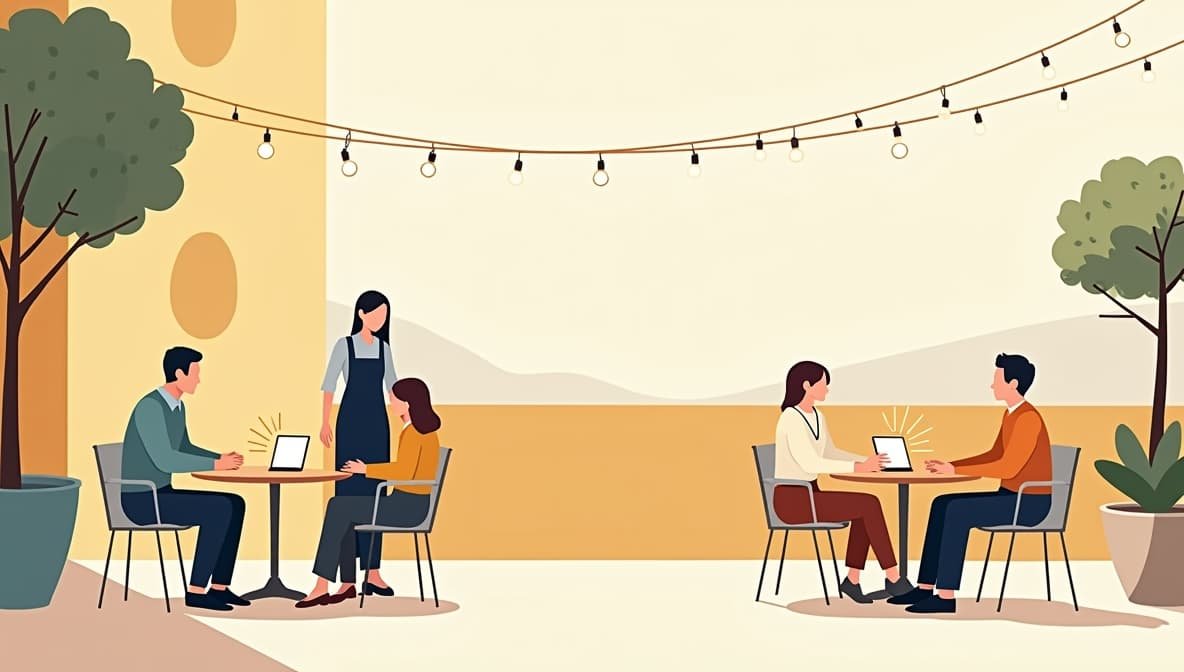 Illustrazione che mostra il personale dell'hotel interagire positivamente con gli ospiti utilizzando la tecnologia