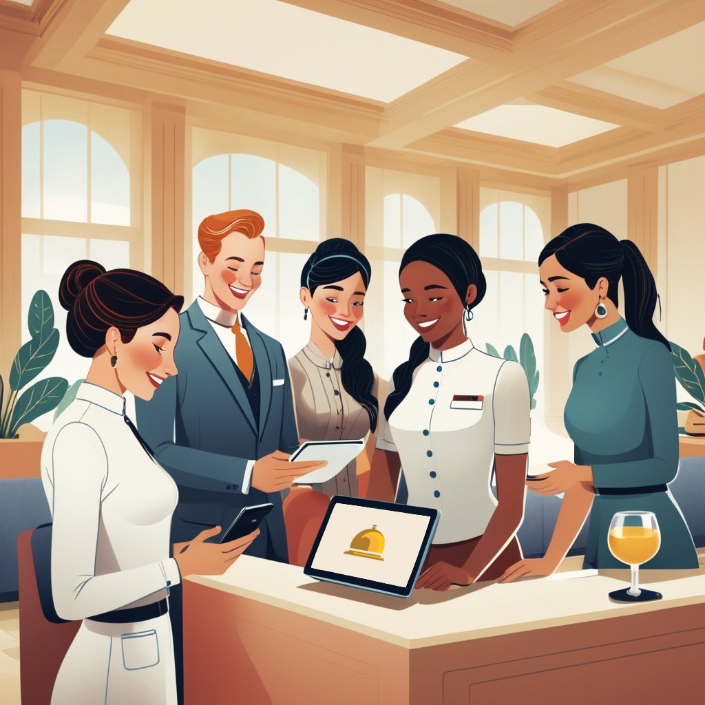 Ilustración mostrando al personal del hotel interactuando positivamente con los huéspedes usando tecnología
