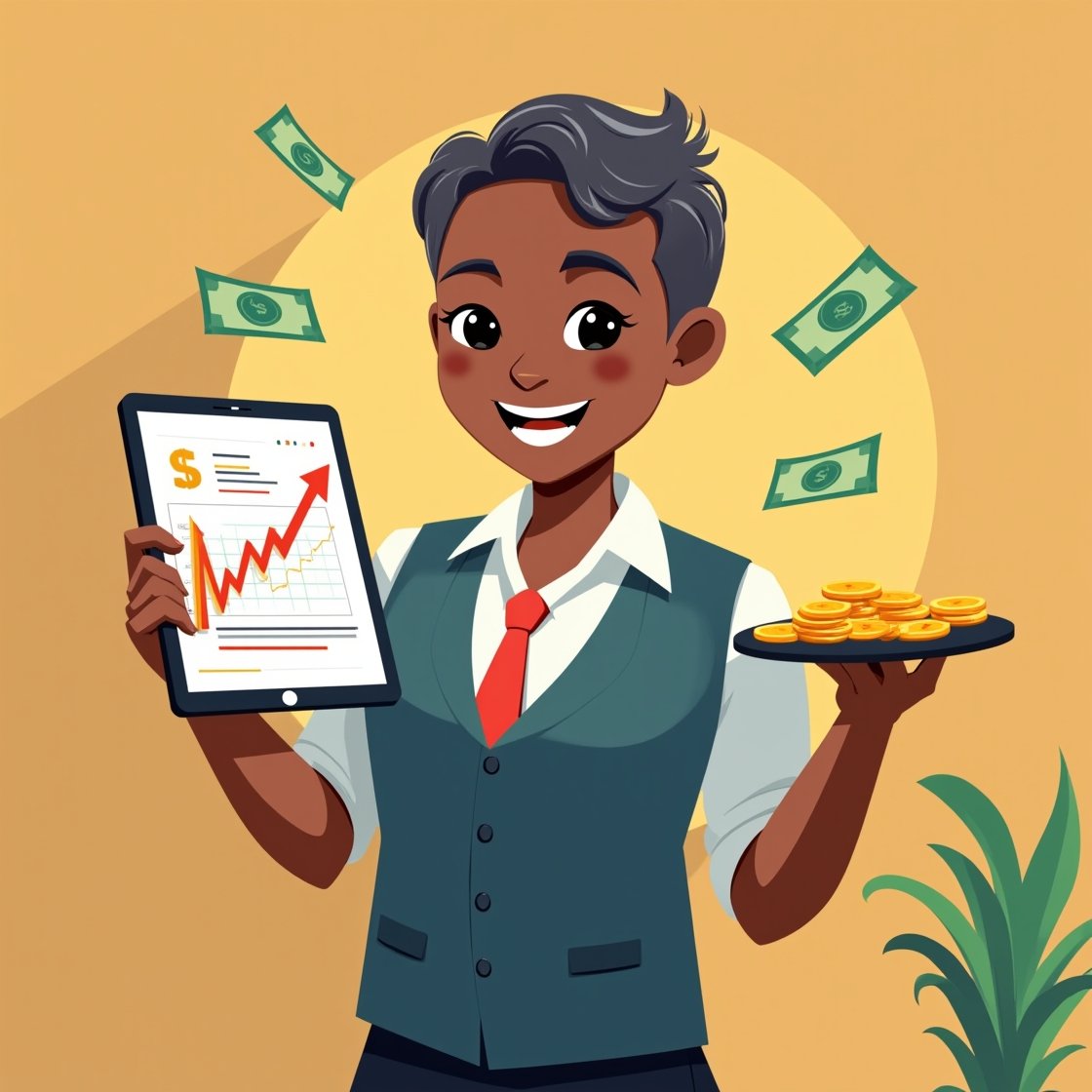 Gerente de hotel usando una tableta para mostrar oportunidades de upselling a través de Concierge