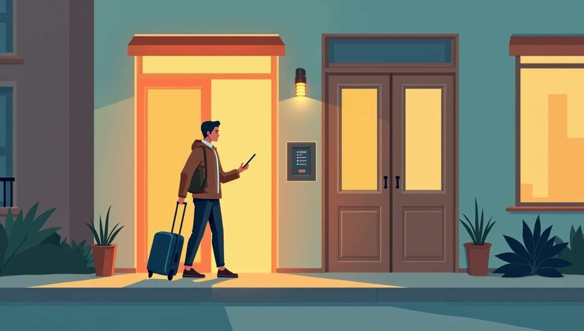 Um hóspede com mala a consultar no telemóvel as instruções de entrada no apartamento, à noite em frente à porta do prédio
