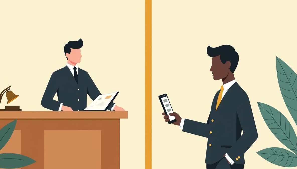Ilustración de un mostrador de concierge tradicional y la interfaz de una app de concierge digital
